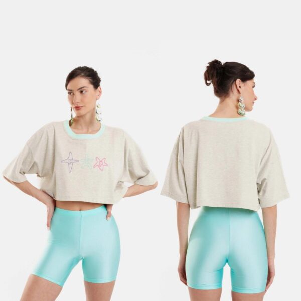 Γυναικειο Κοντομανικο Μπλουζακι με κεντημα και τυπωμα - Stars