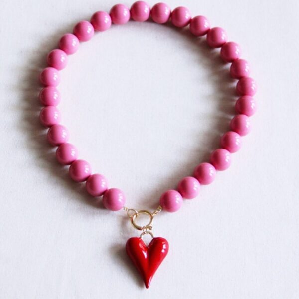 AGAPE Beaded necklace XXL & red heart - pink
