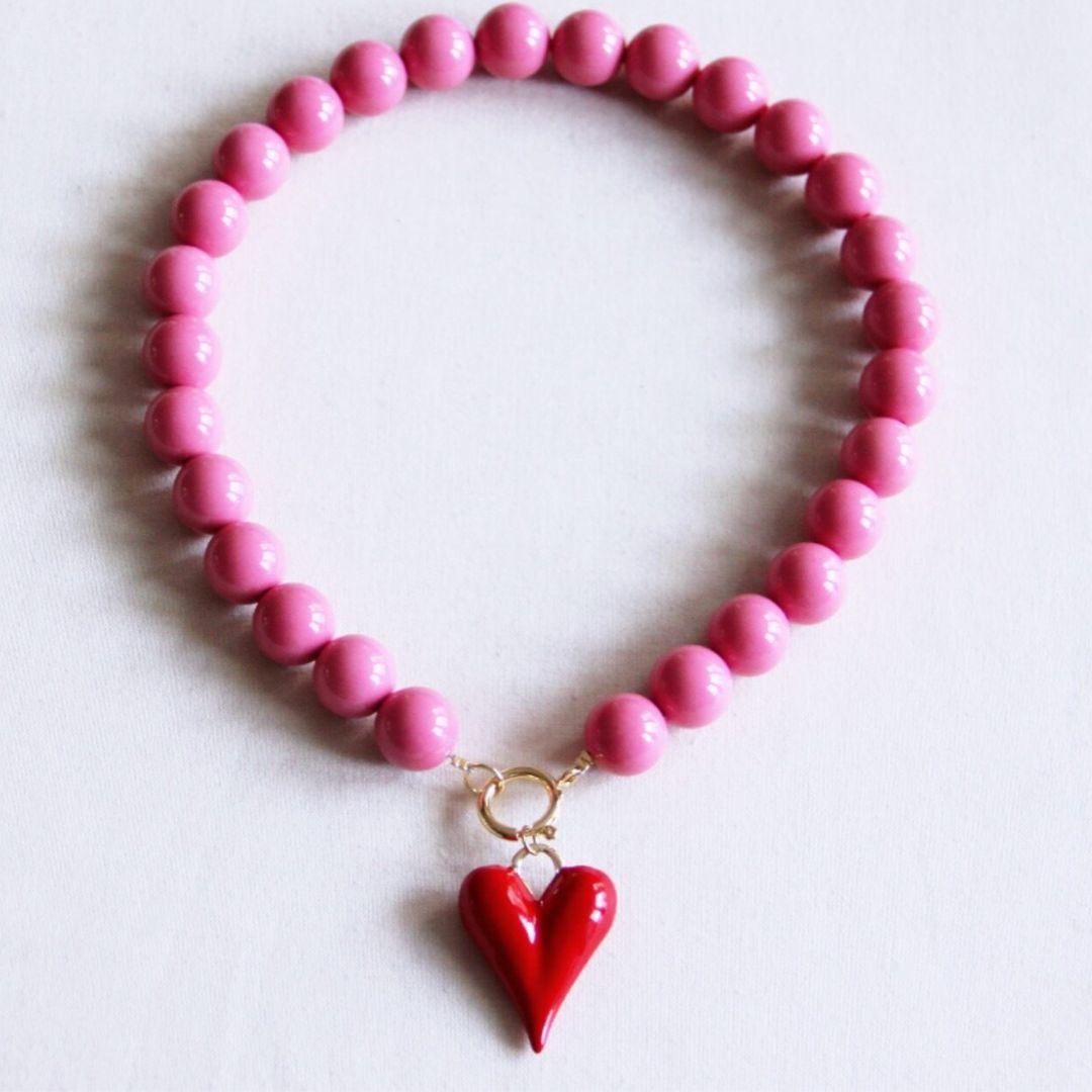 AGAPE Beaded necklace XXL & red heart - pink